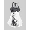 ROSE GAL Womens Plus Size Curve Halter Plaid Skull Print Backless Gothic Modest Tankini Swimsuit Set(Dark Gray)
