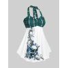 ROSE GAL Womens Plus Size Curve Halter Plaid Skull Print Backless Gothic Modest Tankini Swimsuit Set(Green)