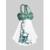 ROSE GAL Womens Plus Size Curve Halter Plaid Skull Print Backless Gothic Modest Tankini Swimsuit Set(Green_1)