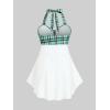 ROSE GAL Womens Plus Size Curve Halter Plaid Skull Print Backless Gothic Modest Tankini Swimsuit Set(Green_1)
