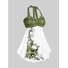 ROSE GAL Womens Plus Size Curve Halter Plaid Skull Print Backless Gothic Modest Tankini Swimsuit Set(Green_10)