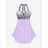 ROSE GAL Womens Plus Size Curve Halter Plaid Skull Print Backless Gothic Modest Tankini Swimsuit Set(Light Purple_1)