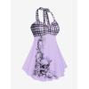 ROSE GAL Womens Plus Size Curve Halter Plaid Skull Print Backless Gothic Modest Tankini Swimsuit Set(Light Purple_1)