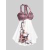ROSE GAL Womens Plus Size Curve Halter Plaid Skull Print Backless Gothic Modest Tankini Swimsuit Set(Pink)