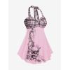 ROSE GAL Womens Plus Size Curve Halter Plaid Skull Print Backless Gothic Modest Tankini Swimsuit Set(Pink_19)