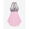 ROSE GAL Womens Plus Size Curve Halter Plaid Skull Print Backless Gothic Modest Tankini Swimsuit Set(Pink_19)