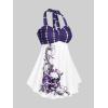 ROSE GAL Womens Plus Size Curve Halter Plaid Skull Print Backless Gothic Modest Tankini Swimsuit Set(Purple_1)