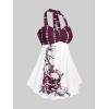 ROSE GAL Womens Plus Size Curve Halter Plaid Skull Print Backless Gothic Modest Tankini Swimsuit Set(Red)