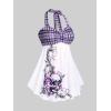 ROSE GAL Womens Plus Size Curve Halter Plaid Skull Print Backless Gothic Modest Tankini Swimsuit Set(White_2)