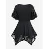 ROSE GAL Women’s Plus Size Flower Lace T-Shirt Curve Flower Lace Insert Criss Cross Batwing Sleeve Handkerchief Top(Black)