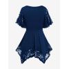 ROSE GAL Women’s Plus Size Flower Lace T-Shirt Curve Flower Lace Insert Criss Cross Batwing Sleeve Handkerchief Top(Blue)