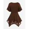 ROSE GAL Women’s Plus Size Flower Lace T-Shirt Curve Flower Lace Insert Criss Cross Batwing Sleeve Handkerchief Top(Coffee)