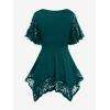 ROSE GAL Women’s Plus Size Flower Lace T-Shirt Curve Flower Lace Insert Criss Cross Batwing Sleeve Handkerchief Top(Peacock Blue)
