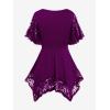 ROSE GAL Women’s Plus Size Flower Lace T-Shirt Curve Flower Lace Insert Criss Cross Batwing Sleeve Handkerchief Top(Purple)