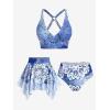Rosegal Plus Size Ethnic Printed Ombre O-Ring Padded Three Piece Skirt Tankini Swimsuit(Blue)