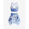 Rosegal Plus Size Ethnic Printed Ombre O-Ring Padded Three Piece Skirt Tankini Swimsuit(Blue)