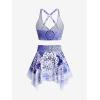 Rosegal Plus Size Ethnic Printed Ombre O-Ring Padded Three Piece Skirt Tankini Swimsuit(Blue_1)