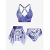 Rosegal Plus Size Ethnic Printed Ombre O-Ring Padded Three Piece Skirt Tankini Swimsuit(Blue_1)