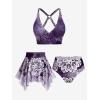Rosegal Plus Size Ethnic Printed Ombre O-Ring Padded Three Piece Skirt Tankini Swimsuit(Deep Purple)