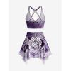 Rosegal Plus Size Ethnic Printed Ombre O-Ring Padded Three Piece Skirt Tankini Swimsuit(Deep Purple)
