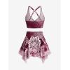 Rosegal Plus Size Ethnic Printed Ombre O-Ring Padded Three Piece Skirt Tankini Swimsuit(Deep Red)