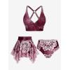 Rosegal Plus Size Ethnic Printed Ombre O-Ring Padded Three Piece Skirt Tankini Swimsuit(Deep Red)
