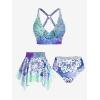 Rosegal Plus Size Ethnic Printed Ombre O-Ring Padded Three Piece Skirt Tankini Swimsuit(Green_1)