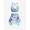 Rosegal Plus Size Ethnic Printed Ombre O-Ring Padded Three Piece Skirt Tankini Swimsuit(Green_1)