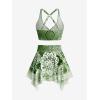 Rosegal Plus Size Ethnic Printed Ombre O-Ring Padded Three Piece Skirt Tankini Swimsuit(Green_2)