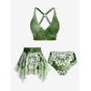 Rosegal Plus Size Ethnic Printed Ombre O-Ring Padded Three Piece Skirt Tankini Swimsuit(Green_2)