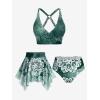 Rosegal Plus Size Ethnic Printed Ombre O-Ring Padded Three Piece Skirt Tankini Swimsuit(Green_3)