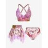 Rosegal Plus Size Ethnic Printed Ombre O-Ring Padded Three Piece Skirt Tankini Swimsuit(Pink_1)