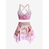 Rosegal Plus Size Ethnic Printed Ombre O-Ring Padded Three Piece Skirt Tankini Swimsuit(Pink_1)