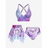 Rosegal Plus Size Ethnic Printed Ombre O-Ring Padded Three Piece Skirt Tankini Swimsuit(Purple)