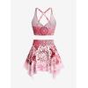 Rosegal Plus Size Ethnic Printed Ombre O-Ring Padded Three Piece Skirt Tankini Swimsuit(Red)