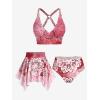 Rosegal Plus Size Ethnic Printed Ombre O-Ring Padded Three Piece Skirt Tankini Swimsuit(Red)