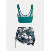 Rosegal Plus Size Women 3 Piece Tankini Swimsuit Gothic Skull Rose Spider Web Print Twist Bathing Suit(Blue)