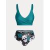 Rosegal Plus Size Women 3 Piece Tankini Swimsuit Gothic Skull Rose Spider Web Print Twist Bathing Suit(Blue)