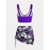 Rosegal Plus Size Women 3 Piece Tankini Swimsuit Gothic Skull Rose Spider Web Print Twist Bathing Suit(Deep Purple)