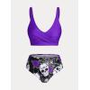 Rosegal Plus Size Women 3 Piece Tankini Swimsuit Gothic Skull Rose Spider Web Print Twist Bathing Suit(Deep Purple)