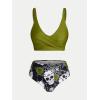 Rosegal Plus Size Women 3 Piece Tankini Swimsuit Gothic Skull Rose Spider Web Print Twist Bathing Suit(Green)