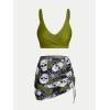 Rosegal Plus Size Women 3 Piece Tankini Swimsuit Gothic Skull Rose Spider Web Print Twist Bathing Suit(Green)