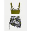 Rosegal Plus Size Women 3 Piece Tankini Swimsuit Gothic Skull Rose Spider Web Print Twist Bathing Suit(Green)