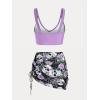 Rosegal Plus Size Women 3 Piece Tankini Swimsuit Gothic Skull Rose Spider Web Print Twist Bathing Suit(Light Purple)