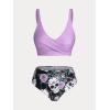 Rosegal Plus Size Women 3 Piece Tankini Swimsuit Gothic Skull Rose Spider Web Print Twist Bathing Suit(Light Purple)