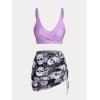Rosegal Plus Size Women 3 Piece Tankini Swimsuit Gothic Skull Rose Spider Web Print Twist Bathing Suit(Light Purple)