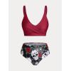 Rosegal Plus Size Women 3 Piece Tankini Swimsuit Gothic Skull Rose Spider Web Print Twist Bathing Suit(Red)