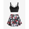 Rosegal Women Plus Size Gothic Tankini Swimsuit Rose Skulls Printed Ruched Two Piece Bathing Suits(Black)