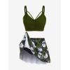 Rosegal Women Plus Size Gothic Tankini Swimsuit Rose Skulls Printed Ruched Two Piece Bathing Suits(Deep Green)