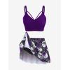 Rosegal Women Plus Size Gothic Tankini Swimsuit Rose Skulls Printed Ruched Two Piece Bathing Suits(Deep Purple)